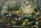 Jan Fyt, Jagdhunde bedrängen Enten und Rohrdommeln an einem Weiher, Öl auf Leinwand