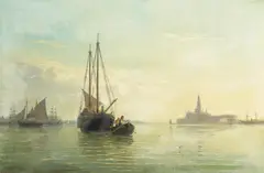 Giulio Cecchini, Schiffe in der Lagune von Venedig, Öl auf Leinwand