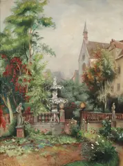 Anton V. Werle, A Lush Garden Scene, Oli on canvas