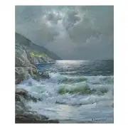 Alexander Dzigurski Crashing, Waves Along the California Coast, oil on canvas
