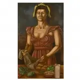 Norbert Schlaus, Female portrait with red dress, oil on canvas