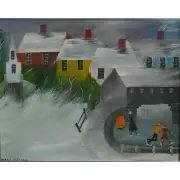 Bessie Drennan, Figures Ice Skating while Warming Hands by a Fire, oil on panel