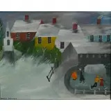 Bessie Drennan, Figures Ice Skating while Warming Hands by a Fire, oil on panel