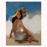 Zoë Mozert, Beauty with Hat at the Beach, pastel on paper