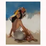 Zoë Mozert, Beauty with Hat at the Beach, pastel on paper