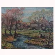 Stream and Farm Buildings in Autumn by William Fisher, oil on canvas, sold Dec 2021