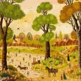Alain Thomas, Villagers with Horses at the Water, oil on board