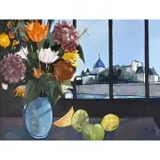 Charles Levier, Floral Arrangement in Window, oil on canvas