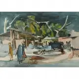 Millard Sheets, Oxen and Villagers, India