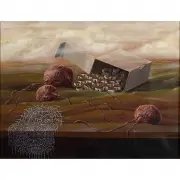 Ernesto Piccardo, Surrealistic Houses in a Box with Dangling Spider Web, 1980, oil on canvas