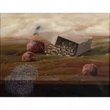 Ernesto Piccardo, Surrealistic Houses in a Box with Dangling Spider Web, 1980, oil on canvas