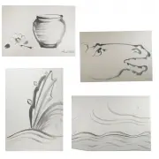 Pot and Flower, Waves, Horse and Water Plant by Chiura Obata, ink, sold Feb 2022