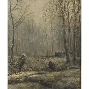 Winter Walk by Alfred S. Wall, oil on panel, sold Apr 2022