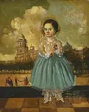 Horacio Rentería Rocha, Girl in Front of Colonial Background, oil on canvas