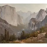 Thomas Hill, Yosemite Valley with Cowboys on Horseback, Bridal Veil Falls, El Capitan and Half Dome in Background