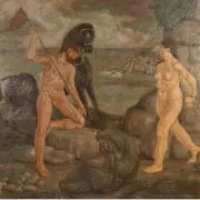 Norbert Schlaus, Greco-Roman Figures by Cliffside, oil on canvas