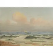 Robert Atkinson Fox, Waves Crashing at Sunset, oil on panel