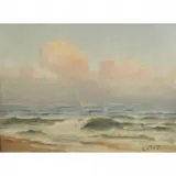 Robert Atkinson Fox, Waves Crashing at Sunset, oil on panel