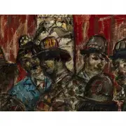 Clowns in Waiting by Pascal Cucaro, oil on canvas, sold Oct 2022