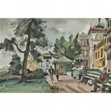 Dong Kingman, Street Scene, watercolor on paper