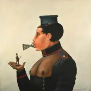 Robert Peluce, Woman with Shuttlecock, acrylic on canvas
