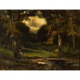 William Keith, Woman by a Stream, oil on board