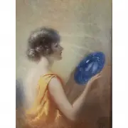 James Calvert Smith, Woman with Blue Plate, gouache and oil on canvas