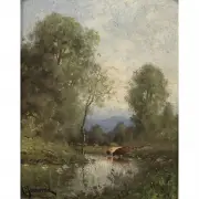 Carl Jonnevold, Cows by Stream Landscape, oil on board