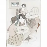 Itzchak Tarkay, Tark Brunch and Friends, watercolor and ink on paper