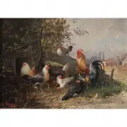 Julius Scheuerer, Rooster and Hens, oil on board