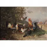 Julius Scheuerer, Rooster and Hens, oil on board