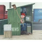 Stan Ekman, Man Watching Baseball in Newsstand, gouache on illustration board
