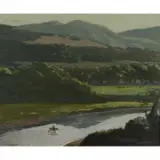 Geoffrey Lewis, Crossing River on Horseback Landscape, oil on panel