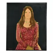 Portrait of a Woman in Floral Red Dress by Ira Yeager, oil on canvas, sold Nov 2023