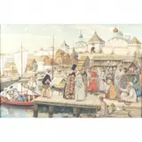 Konstantin Kuznetsov, Harbor Market Scene, watercolor and gouache