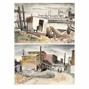 Chee C.S.C Lee, Waterfront and Street Scene, 1937, watercolor and ink on paper