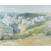 Frank Duveneck, Meadow Village View, oil on canvas