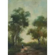 Jan Van Essen, Figures on Tree Lined Path, watercolor