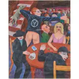 Glen Chesnut, Pantless Man with Sling Shot with People Seated at Tables, 1988, acrylic on paper