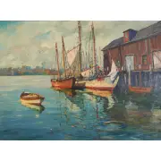 A Cape Cod Harbor by C. Hjalmar Amundsen, oil on canvas, sold Jan 2025