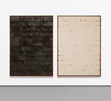 Davide Balula, Burnt Painting, Imprint of the Burnt Painting (Shims), 2012, charred wood and dust of charred wood on canvas, in artist's frame, diptych