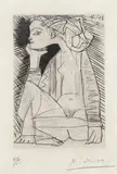 Pablo Picasso, Femme assise en tailleur: Geneviève Laporte (Seated Woman in a Suit: Geneviève Laporte), 1951, Etching and drypoint, on Japon nacré paper, with full margins