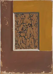 Jackson Pollock, Untitled (M20), 1946, Unique screenprint in black, on tan cardstock, laid to wood panel collaged in a period hand-painted homasote frame