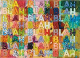 Mel Bochner, Blah, Blah, Blah, 2018, Monoprint with collage, engraving, embossing and oil paint in colors, on handmade and hand-dyed Twinrocker paper, the full sheet