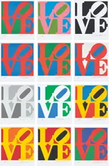 Robert Indiana, The Book of Love, 1996, The complete set of 12 screenprints in colors and 12 poems with embossing, on A.N.W. Crestwood Museum paper, with full margins, justification, all contained in the original beige paper-covered folio with printed title (loose, as issued), two trimmed at the lower sheet edge 3/4 inches