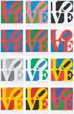 Robert Indiana, The Book of Love, 1996, The complete set of 12 screenprints in colors and 12 poems with embossing, on A.N.W. Crestwood Museum paper, with full margins, justification, all contained in the original beige paper-covered folio with printed title (loose, as issued), two trimmed at the lower sheet edge 3/4 inches