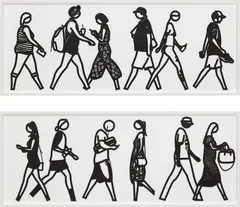 Walking in Melbourne 2; and Walking in Melbourne 4, from Walking in Melbourne series by Julian Opie, 2018, Two laser-cut museum board relief prints, the full sheets, presented in sprayed white frames specified by the artist, sold Apr 2019