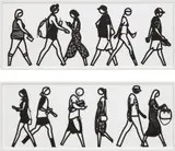 Walking in Melbourne 2; and Walking in Melbourne 4, from Walking in Melbourne series by Julian Opie, 2018, Two laser-cut museum board relief prints, the full sheets, presented in sprayed white frames specified by the artist, sold Apr 2019