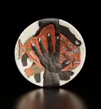 Pablo Picasso, Hands with fish (Mains au poisson), 1953, Red earthenware round dish with engraving, painted in colors with partial brushed glaze