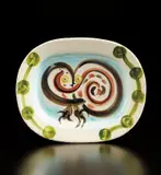 Wood-owl (Chouette) by Pablo Picasso, 1948, White earthenware rectangular dish, painted with colored oxides under glaze; ceramic, Madoura edition, sold Apr 2019